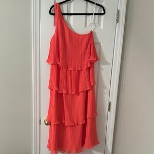 Lulu's Coral One-Shoulder Tiered Midi Dress